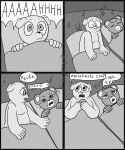  2023 absurd_res anthro axismarcy azulin_(unicorn_wars) bear bedding blanket comic dialogue duo gordi_(unicorn_wars) hi_res lying mammal question_mark slightly_chubby spanish_text surprise text tired translation_request unicorn_wars 