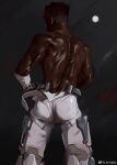  1boy ass back back_focus baptiste_(overwatch) bara black_hair dark-skinned_male dark_skin feet_out_of_frame from_behind full_moon highres jinhallz leg_belt looking_ahead male_focus moon muscular muscular_male overwatch overwatch_1 pants shiny_skin short_hair sideburns solo topless_male very_dark_skin white_pants 