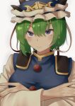  1girl absurdres blue_eyes blue_headwear breasts closed_mouth commentary crossed_arms epaulettes frilled_hat frills green_hair grey_background hat highres large_breasts looking_at_viewer raian_macaroni shiki_eiki short_hair simple_background solo touhou upper_body 