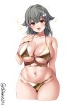  1girl bare_shoulders bikini blush breasts cleavage collarbone commentary cropped_legs ebifurya gold_bikini grey_hair hair_flaps hair_intakes hair_ornament hand_up highres jingei_(kancolle) kantai_collection large_breasts looking_at_viewer navel open_mouth simple_background skindentation smile solo sparkle stomach swimsuit thigh_gap thighs twitter_username underboob white_background 