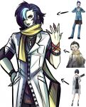  1boy absurdres arrow_(symbol) blue_hair chimerism ear_piercing english_commentary fusion gimmie20dollas highres jewelry lab_coat mishina_eikichi mochizuki_ryouji mole mole_above_mouth mole_under_eye necklace official_art_inset one_eye_closed persona persona_2 persona_3 persona_5 piercing red_eyes ring scarf takemi_tae tongue tongue_out watch wristband wristwatch yellow_scarf 