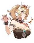  1girl armlet bare_shoulders black_nails blonde_hair blue_eyes bowsette bracelet breasts cleavage closed_mouth collar collarbone commentary_request fang fingernails fire horns jewelry karasu_btk mario_(series) medium_breasts nail_polish new_super_mario_bros._u_deluxe one_eye_closed pointy_ears ponytail short_hair simple_background skin_fang smile solo spiked_armlet spiked_bracelet spiked_collar spikes super_crown upper_body white_background white_horns 