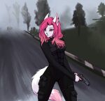 2022 anthro black_nose breasts canid canine ear_piercing eyebrows female fluffy fluffy_tail fur gun hair handgun hi_res holding_object holding_weapon koiren long_hair long_tail looking_away mammal piercing pink_eyes pink_hair pistol plant ranged_weapon road solo stalker_(game) standing tail tree unknown_character watermark weapon white_body white_fur 