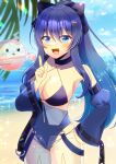  1girl :d bare_shoulders beach bikini black_bikini black_bow black_choker blue_eyes blue_hair blue_one-piece_swimsuit blue_sky blue_sleeves blurry blurry_background blush bow breasts choker cleavage cloud collarbone commentary_request commission cowboy_shot day depth_of_field detached_sleeves galaxy_(vtuber) hair_between_eyes hair_bow hair_ornament hairclip hand_on_own_hip hand_up index_finger_raised indie_virtual_youtuber juliet_sleeves kou_hiyoyo large_breasts long_sleeves looking_at_viewer ocean one-piece_swimsuit outdoors ponytail puffy_sleeves ribbon-trimmed_sleeves ribbon_trim sand see-through skeb_commission sky sleeves_past_wrists smile standing swimsuit virtual_youtuber water 