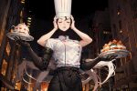  1girl ai-generated apron arthropod_limbs black_apron black_gloves black_hair black_pants blood blood_from_eyes blood_on_face blush cake chainsaw_man chef chef_hat city city_lights closed_eyes dessert disembodied_head elbow_gloves extra_arms falling_devil_(chainsaw_man) flat_top_chef_hat food gamebidulgi gloves hat holding holding_head holding_tray pants severed_head tray waist_apron 