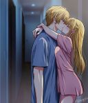  1boy 1girl absurdres asgykk blonde_hair blue_eyes blue_shirt blush breasts brother_and_sister closed_eyes commentary_request cowboy_shot door french_kiss from_side hair_between_eyes hallway hetero highres hoshino_aquamarine hoshino_ruby hug incest indoors kiss long_hair looking_at_another medium_breasts one_side_up oshi_no_ko pink_shirt profile shirt short_hair short_sleeves siblings sidelocks sweatdrop twincest twins twitter_username 