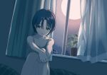  1girl black_hair blush book breasts cleavage collarbone curtains flower_pot full_moon grey_camisole highres holding_leg indoors looking_at_viewer moon narume night original parted_bangs parted_lips pixel_art short_hair sitting solo window 