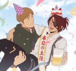  1boy 1other alcohol arm_around_shoulder beer beer_mug black_pants blush brown_eyes brown_hair brown_jacket cake carrying cloak cloud commentary_request confetti cup drooling drunk eyepatch food glasses green_cloak hange_zoe hanpetos hat jacket moblit_berner mug pants party_hat ponytail princess_carry sash shingeki_no_kyojin suspenders sweatdrop translation_request 