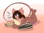  2023 3_toes anthro brown_body brown_fur brown_hair buckteeth butt feet female fur hair heart_(marking) hi_res looking_up lying mammal maynara mouse mouse_(maynara) murid murine nude on_front rodent seed simple_background solo surprise tail teeth toes vlue_(maynara) 