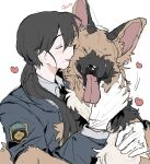  ambiguous_gender canid canine canis clothed clothing dayohiko domestic_dog duo female feral german_shepherd herding_dog hi_res human kissing_cheek mammal pastoral_dog 