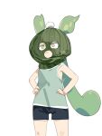 1girl :3 balaclava black_shorts closed_mouth green_hair green_tank_top hands_on_own_hips karei long_hair mask orange_eyes pom_pom_(clothes) short_shorts shorts simple_background solo tank_top very_long_hair voicevox white_background zundamon 