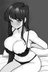  1girl bare_arms bare_shoulders bed_sheet blush breasts cleavage closed_mouth collarbone grey_background greyscale highres jorin komi-san_wa_komyushou_desu komi_shouko large_breasts long_hair looking_at_viewer monochrome navel on_bed pillow simple_background sitting solo undersized_clothes underwear underwear_only very_long_hair 