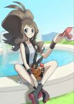  1girl aqua_eyes asamaru1225 black_footwear black_socks black_vest blush boots brown_hair closed_mouth collaboration commentary_request crossed_ankles day fountain hat high_ponytail highres hilda_(pokemon) holding holding_clothes holding_hat long_hair open_clothes open_vest outdoors pokemon pokemon_(creature) pokemon_(game) pokemon_bw pokepokekonpeki shirt shorts sidelocks sitting sky smile socks tepig vest water white_headwear white_shirt 