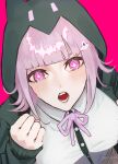  1girl :o absurdres black_shirt blunt_bangs blush brown_skirt clenched_hand collared_shirt danganronpa_(series) danganronpa_2:_goodbye_despair dress_shirt galaga green_jacket hair_ornament hand_up highres hood hooded_jacket jacket medium_hair nanami_chiaki neck_ribbon outori_(kou02_as) pink_background pink_eyes pink_hair pink_ribbon pleated_skirt ribbon shirt skirt solo teeth tongue white_shirt 