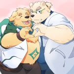  7numpla anthro bear bird_dog blush canid canine canis cigarette clothing coat cu_sith_(tas) domestic_dog duo fur gesture golden_retriever hand_heart hi_res hunting_dog lab_coat leib_(tas) lifewonders male male/male mammal overweight polar_bear retriever scarf smile tokyo_afterschool_summoners topwear ursine white_body white_fur yellow_body yellow_fur 