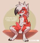  anthro azoomer balls biped canid canine claws digital_media_(artwork) fur generation_7_pokemon genitals hi_res looking_at_viewer lycanroc male mammal midnight_lycanroc nintendo penis pokemon pokemon_(species) red_body red_fur simple_background smile solo text white_body white_fur 