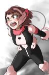  1girl absurdres black_bodysuit blush_stickers bodysuit boku_no_hero_academia brown_eyes brown_hair headset highres medium_hair open_mouth pink_bodysuit piyo_(tzdn7222) solo superhero uraraka_ochako 