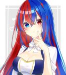  1girl alear_(female)_(divine_attire)_(fire_emblem) alear_(female)_(fire_emblem) alear_(fire_emblem) blue_eyes blue_hair bow breasts cleavage cleavage_cutout closed_mouth clothing_cutout commentary_request crossed_bangs fire_emblem fire_emblem_engage hair_between_eyes heart heterochromia highres long_hair looking_at_viewer multicolored_hair nekoyasiki_luna pout red_eyes red_hair solo two-tone_hair upper_body v white_bow 