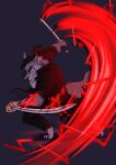  anthro barefoot canid canid_demon clothing demon dreadlocks energy eye_scar facial_scar fan_character fangs feet hellhound helluva_boss hi_res jacket katana lauriyaoi male mammal melee_weapon notched_ear red_eyes sash scar scared solo sword tatakae(zylo24) teeth topwear weapon 