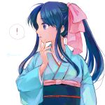  ! 1girl blue_eyes blue_hair blue_kimono commentary finger_to_own_chin hair_ribbon hand_up high_ponytail japanese_clothes kamiya_kaoru kimono long_hair long_sleeves looking_to_the_side obi ouru109 parted_lips pink_ribbon profile ribbon rurouni_kenshin sash sidelocks solo spoken_exclamation_mark twitter_username upper_body white_background wide_sleeves 