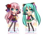  2girls acrylic_paint_(medium) blue_hair breasts chibi chou_(module) cleavage fujiwara_minaho full_body green_eyes green_hair hana_(module) happy hatsune_miku large_breasts long_hair magnet_(vocaloid) marker_(medium) megurine_luka multiple_girls painting_(medium) pantyhose pink_hair platinum_fantasia project_diva_(series) project_diva_2nd smile traditional_media twintails very_long_hair vocaloid watermark yuri 