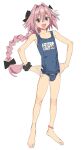  1boy :d absurdres astolfo_(fate) bare_arms bare_legs bare_shoulders barefoot black_bow blue_one-piece_swimsuit blush_stickers bow braid bulge character_name collarbone fang fate/apocrypha fate_(series) full_body hair_between_eyes hair_bow hands_on_own_hips highres imamura_ryou long_braid long_hair looking_at_viewer male_focus multicolored_hair name_tag old_school_swimsuit one-piece_swimsuit open_mouth otoko_no_ko pink_hair purple_eyes revision school_swimsuit school_swimsuit_flap scrunchie simple_background single_braid sketch skin_fang smile solo standing streaked_hair swimsuit two-tone_hair very_long_hair white_background white_hair wrist_scrunchie 