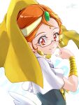  1girl artist_name clear_glass_(mildmild1311) commentary_request earrings eyelashes glasses hair_ornament happinesscharge_precure! happy highres jewelry looking_at_viewer magical_girl medium_hair orange_eyes orange_hair orange_haired_cure_(wonderful_net_precure)_(happinesscharge_precure!) precure signature simple_background smile solo standing twitter_username white_background 