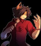  5_fingers anthro black_background claws clothed clothing dipstick_tail domestic_cat felid feline felis fingers hair hi_res male mammal markings munkeesgomu munks_(munkeesgomu) red_clothing red_shirt red_topwear shirt simple_background solo tail tail_markings topwear 