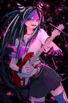  1girl :d black_background black_hair black_skirt danganronpa_(series) danganronpa_2:_goodbye_despair gloves green_hair green_thighhighs hair_horns highres holding_guitar jewelry long_hair microphone miniskirt mioda_ibuki multicolored_hair neckerchief pink_background pink_hair pink_neckerchief pink_thighhighs playing_guitar pleated_skirt ring scar sg_(sallgam) short_sleeves skirt smile solo striped striped_gloves tattoo teeth thighhighs white_hair zettai_ryouiki 