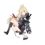  1girl :/ ankle_socks bandaid bandaid_on_cheek bandaid_on_face bandaid_on_thigh black_skirt black_socks blonde_hair blue_eyes blunt_bangs blush book colored_shoe_soles dropping feet full_body girls&#039;_frontline grey_footwear grey_hoodie gun hair_bobbles hair_ornament hair_ribbon hairclip holding holding_gun holding_weapon hood hoodie layered_legwear long_hair long_sleeves official_art open_book pandegg paw_print_soles pleated_skirt ponytail pp-19-01 pp-19-01_(girls&#039;_frontline) red_ribbon red_star ribbon shoes shoulder_patches simple_background single_shoe skirt socks solo submachine_gun toes topknot transparent_background tripping v-shaped_eyebrows very_long_hair weapon 