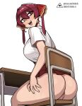  1girl :d anus ass back breasts censored chair desk donburi_(donburikazoku) heterochromia highres hololive houshou_marine large_breasts long_hair mosaic_censoring no_panties pleated_skirt red_eyes red_hair school_chair school_desk school_uniform sitting skirt smile solo teeth twintails virtual_youtuber yellow_eyes 