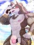  abs absurd_res blush breasts brown_body brown_fur canid canine canis fur genitals hi_res male male/male mammal manothesea muscular muscular_male nipples nude ogami_aratsuka penis solo wolf 