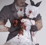  1boy 1girl amputee arm_grab ascot bare_shoulders beard black_bow black_collar black_gloves blood blood_on_clothes blood_on_face bow breasts broken_arm brooch bruise chain chain_leash collar dress expressionless facial_hair formal gloves grey_background guro hair_bow highres injury jewelry leash li_xueyao missing_eye muscular muscular_male mustache original short_hair simple_background small_breasts upper_body vest white_dress white_eyes white_hair 