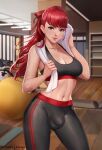  1girl artist_name black_sports_bra blurry breasts bulge cleavage collarbone depth_of_field exlic futanari gym hair_ribbon highres long_hair navel pants patreon_username persona persona_5 persona_5_the_royal pink_lips ponytail red_eyes red_hair ribbon solo sports_bra sweat towel towel_around_neck watermark wiping_sweat yoga_pants yoshizawa_kasumi 