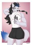  absurd_res anthro biting_shirt blizzard_entertainment bymyside canid canine clothing hi_res male mammal mirror mirror_selfie phone reingarde selfie shirt solo topwear underwear warcraft were werecanid werecanine werewolf worgen 