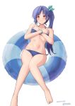  1girl bikini blue_bikini blue_hair blush covering covering_breasts dated idolmaster idolmaster_(classic) idolmaster_million_live! innertube kisaragi_chihaya knees_together_feet_apart looking_at_viewer navel red_eyes rj_edward_(artist) side_ponytail simple_background solo stomach swimsuit toes twitter_username white_background 