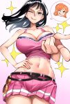  2girls alternate_costume bare_shoulders black_hair blue_eyes body_switch breasts brown_eyes cleavage crop_top hand_on_own_hip highres kasumi_6 large_breasts long_hair looking_at_viewer microskirt midriff multiple_girls nami_(one_piece) navel nico_robin one_eye_closed one_piece orange_hair personality_switch pink_shirt pink_skirt pointing pointing_at_viewer shirt skirt smile speech_bubble tongue tongue_out 