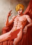  1boy abs absurdres bara blonde_hair censored cigarette completely_nude curly_eyebrows facial_hair feet_out_of_frame frown goatee hair_over_one_eye highres holding holding_cigarette looking_at_viewer male_focus male_pubic_hair mature_male navel navel_hair nipples nude one_piece pectorals pubic_hair sanji_(one_piece) short_hair sitting smoke smokerichi solo stomach toned toned_male 