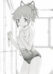  absurdres blush breasts cameltoe closed_mouth commentary flat_chest hair_between_eyes hair_ornament hair_ribbon hand_on_own_chest highres itano_chiharu kaname_madoka locker looking_at_viewer mahou_shoujo_madoka_magica nipples ponytail ribbon school_swimsuit swimsuit thighs 