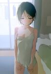  1girl backlighting bed black_hair blush breasts camisole collarbone cowboy_shot dress dress_tug highres indoors looking_at_viewer original see-through_silhouette short_hair small_breasts solo strap_slip sunlight sweatdrop usurai_rairai white_camisole 