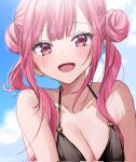  1girl bare_shoulders bikini black_bikini blush breasts chigusa_minori cleavage collarbone commentary_request corrupted_twitter_file double_bun hair_bun halterneck highres long_hair medium_breasts open_mouth original outdoors pink_eyes pink_hair sidelocks sky smile solo swimsuit upper_body 