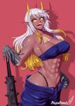 2023 5:7 abs asian_mythology bandeau blonde_hair breasts clothing club_(weapon) demon east_asian_mythology female forehead_gem hair hi_res highlights_(coloring) horn humanoid humanoid_pointy_ears japanese_mythology kanabō melee_weapon multicolored_hair mythology navel nipple_outline not_furry oni open_mouth panties pashapencil solo tan_body tan_skin topwear underwear weapon white_hair yellow_eyes yokai 