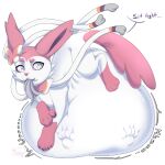  abdominal_bulge anthro belly big_belly bow_(feature) bow_ribbon crossed_arms dialogue digestion_noises eeveelution feladi female female_pred feral feral_pred fur generation_6_pokemon grey_highlights grey_tail hair hi_res highlights_(coloring) hyper hyper_belly nintendo paw_imprint paws pink_hair pink_tail pokemon pokemon_(species) purple_eyes ribbons ribbons_(anatomy) solo sylveon tail tail_in_mouth vore white_body white_fur yumikori 