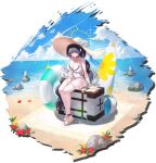  1girl absurdres ball beach beach_towel beachball black_choker black_hair blue_archive blue_ribbon braid breasts bug butterfly choker closed_mouth collarbone covered_navel criss-cross_halter day feet flower halo halterneck hat hat_flower hat_ribbon highres hinata_(blue_archive) hinata_(swimsuit)_(blue_archive) innertube large_breasts long_hair ocean official_alternate_costume one-piece_swimsuit outdoors red_eyes ribbon sand sandals single_braid solo straw_hat sun_hat sunlight surfboard swept_bangs swimsuit thigh_strap thighs toes towel very_long_hair wakum water white_one-piece_swimsuit 