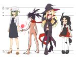  4girls ahoge animal_ears apron ass bangs barefoot black_apron black_dress black_footwear black_gloves black_hair black_headwear blonde_hair boots breasts brown_eyes brown_footwear cabbie_hat chocolat_c_cognac_(muu) cleavage collarbone cropped_jacket dog_ears dog_girl dog_tail dress elbow_gloves flying_sweatdrops forehead gloves hair_over_one_eye hand_on_hip hat height_chart high_heel_boots high_heels jacket long_hair long_sleeves medium_breasts multiple_girls muu_(mumumer) neas_(muu) neck_ribbon nell_(muu) nude open_clothes open_jacket original pantyhose parted_bangs pointy_ears puffy_short_sleeves puffy_sleeves purple_eyes red_dress red_eyes red_ribbon red_scarf ribbon scarf shirt shoes short_eyebrows short_sleeves simple_background sleeveless sleeveless_dress tail thick_eyebrows thigh_boots translation_request twintails very_long_hair white_background white_headwear white_jacket white_pantyhose white_shirt witch_hat yunomiya_agari 