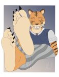  2023 5_toes alraio anthro barefoot beastars bill_(beastars) black_claws black_nose black_striped_fur black_stripes blue_clothing blue_topwear blue_vest border bottomwear claws clothing countershade_feet countershade_fur countershading eyes_closed feet felid foot_focus fur gradient_background grey_bottomwear grey_clothing grey_pants grey_striped_pants hi_res humanoid_feet male mammal orange_body orange_fur pantherine pants pattern_bottomwear pattern_clothing pattern_pants plantigrade round_ears sharp_claws sharp_teeth shirt simple_background smiling_at_partner soles solo striped_body striped_bottomwear striped_clothing striped_fur striped_pants stripes teeth teeth_showing tiger toes topwear vest whiskers white_border white_clothing white_shirt white_topwear 