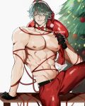  1boy abs ahoge alhaitham_(genshin_impact) bell belt black_belt black_gloves bow bowtie christmas christmas_tree cowboy_shot eriimyon genshin_impact gloves green_eyes green_hair hair_over_one_eye hat highres large_pectorals male_focus muscular muscular_male neck_bell nipples pants pectorals red_pants red_ribbon ribbon santa_hat short_hair simple_background smile solo spread_legs swept_bangs topless_male twitter_username white_background 