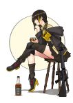  absurdres alcohol armband assault_rifle asymmetrical_legwear black_footwear black_gloves black_jacket black_necktie boots braid braided_ponytail breasts brown_hair brown_skirt brown_socks closed_mouth crossed_legs cup from_side full_body gear_(gearba50) girls&#039;_frontline gloves gun hand_on_own_chin headphones headphones_around_neck highres holding holding_cup hood hood_down hooded_jacket jack_daniel&#039;s jacket kneehighs long_hair long_sleeves m16 m16a1_(girls&#039;_frontline) medium_breasts multicolored_hair necktie rifle shirt single_glove sitting sitting_on_object skirt smile socks streaked_hair thighhighs weapon yellow_shirt 