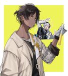  1other 252_gishiki 2boys absurdres arknights arm_up black_footwear black_hair black_jacket black_shirt border brown_jacket closed_eyes commentary cropped_torso dark-skinned_male dark_skin doctor_(arknights) double_v earclip elysium_(arknights) gloves highres holding holding_test_tube hood hood_up hooded_jacket jacket jewelry looking_at_viewer mask multicolored_hair multiple_boys necklace open_mouth parted_lips red_hair shirt short_hair short_ponytail sidelocks simple_background smile streaked_hair test_tube thorns_(arknights) upper_body v white_gloves white_hair white_jacket white_shirt yellow_background yellow_eyes 