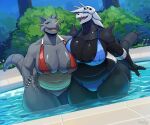  aggron anthro areola areola_slip big_breasts bikini breasts cleavage clothed clothing curvy_figure duo facial_horn female female/female generation_1_pokemon generation_3_pokemon greasymojo grey_body hi_res horn huge_breasts nintendo nipple_outline nose_horn overweight overweight_anthro overweight_female partially_submerged pokemon pokemon_(species) rhydon standing_in_water swimwear thick_thighs voluptuous wide_hips 